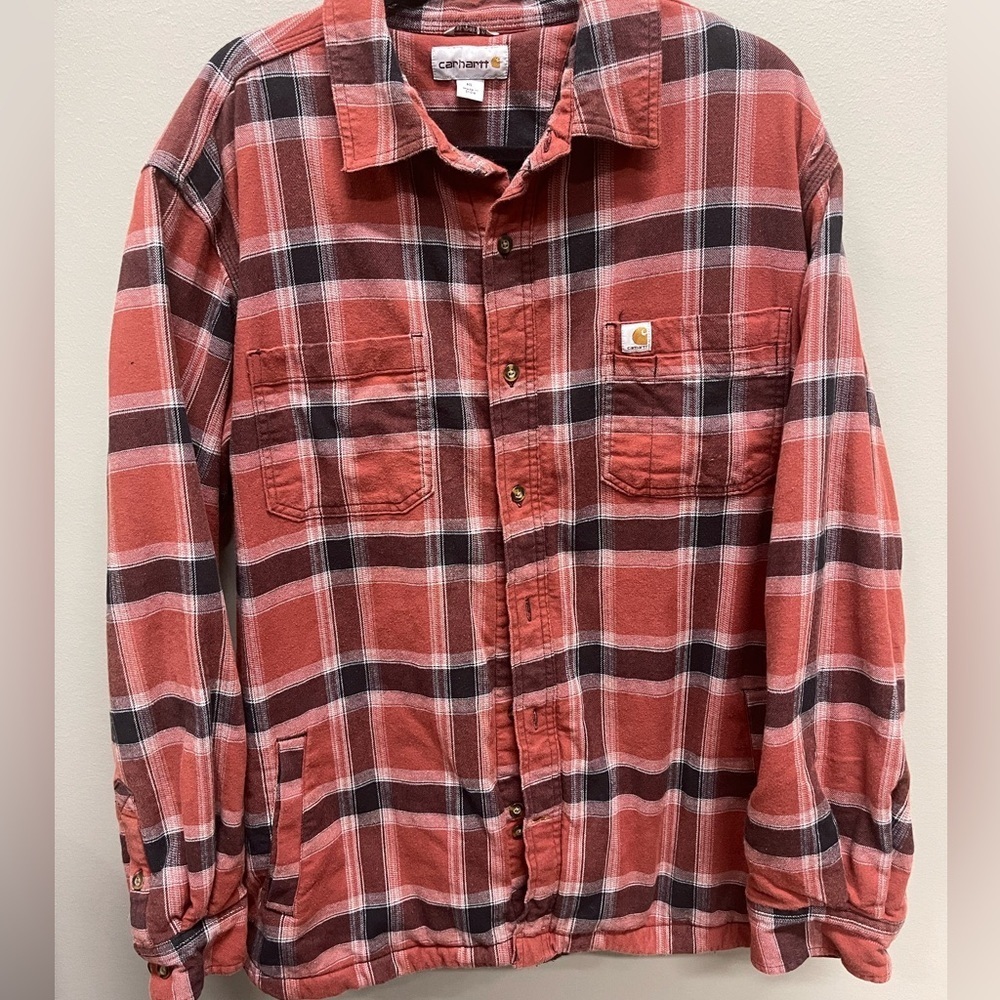 Carhartt Cinnamon orange/ burnt red and Black Plaid Shirt with fleece lining